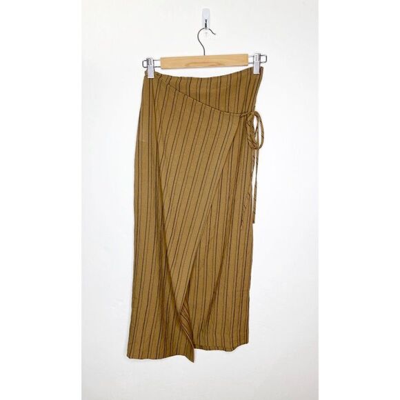 Mango MNG Striped Wrap Midi Skirt Brown Tan Size XS - Picture 2 of 8